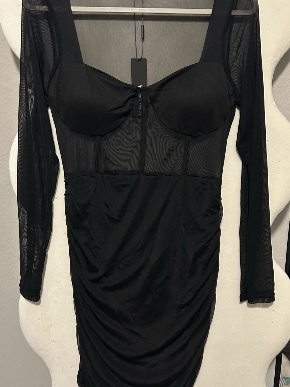 Fashion Nova Black Long Sleeve Mesh Bustier Bodycon Dress